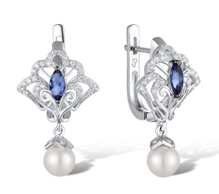 Sterling Silver w/ Black White Plating Earrings Blue Glass,Fresh Water White Pearl,White Cubic Zirconia (E311077BGFZSK925)