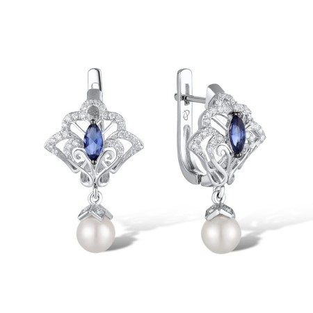 Sterling Silver w/ Black White Plating Earrings Blue Glass,Fresh Water White Pearl,White Cubic Zirconia (E311077BGFZSK925)