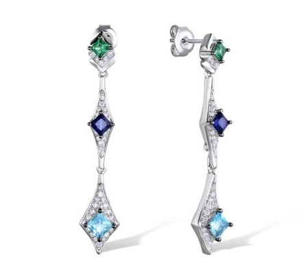 Sterling Silver w/ Black White Plating Earrings Blue Glass,Blue Spinel,Green Spinel,White Cubic Zirconia (E311084MULSK925)
