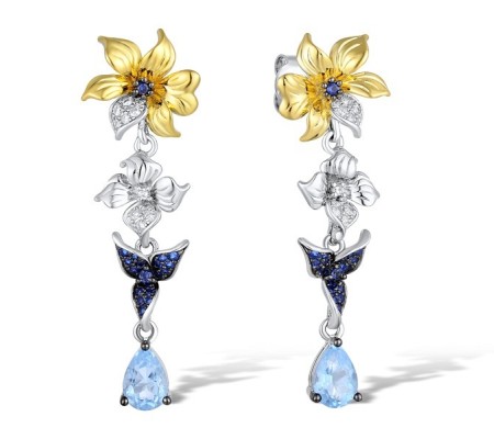 Sterling Silver w/ Yellow Black White Plating Earrings Blue Glass,Blue Nano Cubic Zirconia,Blue Spinel,White Cubic Zirconia (E311086MULSZ925)