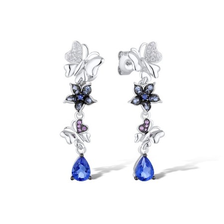 Sterling Silver w/ Black White Plating Earrings Blue Glass,Blue Nano Cubic Zirconia,Blue Spinel,Created Pink Sapphire,White Cubic Zirconia (E311087MULSK925)