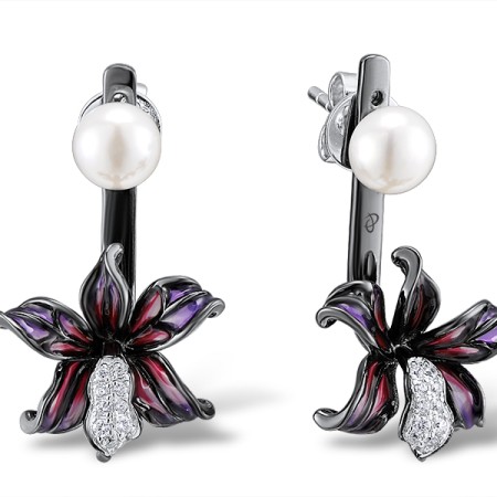 Sterling Silver w/ Black White Plating Earrings Enamel,Fresh Water White Pearl,White Cubic Zirconia (E311545ENA1SK925)