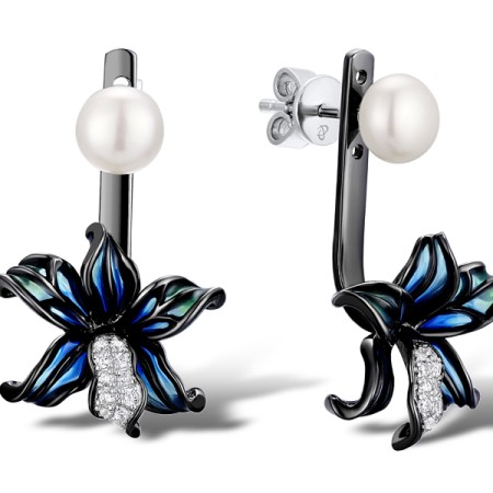 Sterling Silver w/ Black White Plating Earrings Enamel,Fresh Water White Pearl,White Cubic Zirconia (E311545ENASK925)