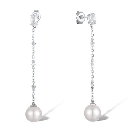 Sterling Silver Earrings Created white sapphire,Fresh Water White Pearl,White Glass (E311613CFPWSL925)