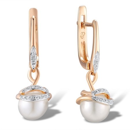 Sterling Silver w/ IONIC ROSE PLATING Earrings Fresh Water White Pearl,White Cubic Zirconia (E311617AFWZSQ925)