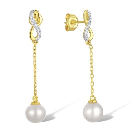 Sterling Silver w/ IONIC YELLOW PLATING Earrings Fresh Water White Pearl,White Cubic Zirconia (E311628FWZSP925)