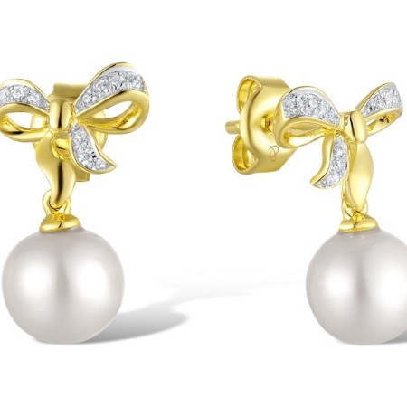Sterling Silver w/ IONIC YELLOW PLATING Earrings Fresh Water White Pearl,White Cubic Zirconia (E311630FWZSP925)