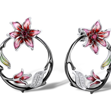 Sterling Silver w/ Black White Plating Earrings White Cubic Zirconia,Created Ruby,Enamel (E311881ENASK925)