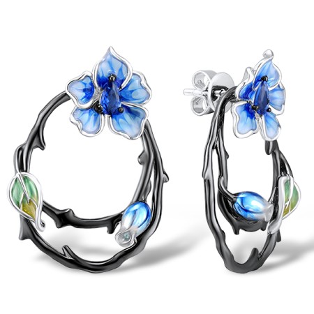 Sterling Silver w/ Black White Plating Earrings Enamel,Blue Glass (E311882ENA1SK925)