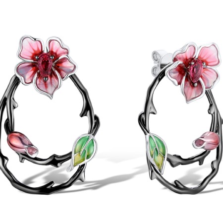 Sterling Silver w/ Black White Plating Earrings Enamel,Pink Glass (E311882ENASK925)