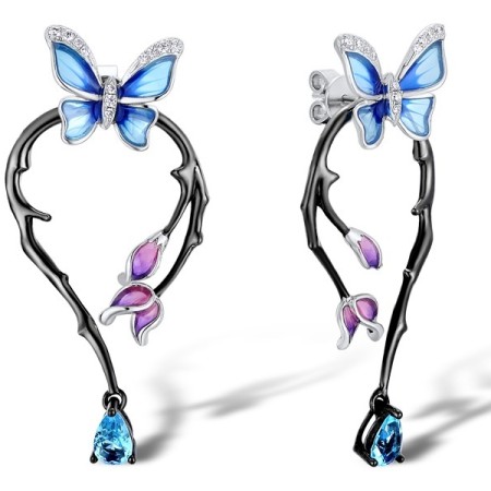 Sterling Silver w/ Black White Plating Earrings Blue Glass,Enamel,White Cubic Zirconia (E311884ENASK925)