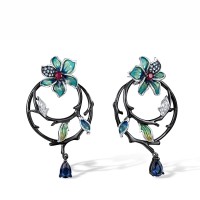 Sterling Silver w/ Black White Plating Earrings Blue Glass,Blue Spinel,Created Ruby,Enamel,White Cubic Zirconia (E311885ENASK925)