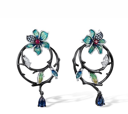 Sterling Silver w/ Black White Plating Earrings Blue Glass,Blue Spinel,Created Ruby,Enamel,White Cubic Zirconia (E311885ENASK925)