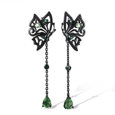 Sterling Silver w/ Black White Plating Earrings Black spinel,Green Glass,Green Spinel (E311889BGGSSK925)