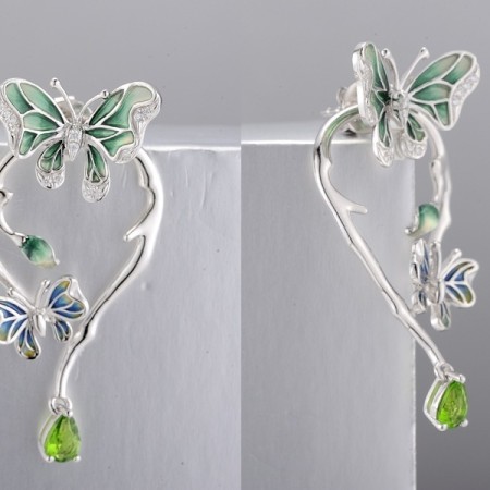 Sterling Silver Earrings Enamel,Green Glass,White Cubic Zirconia (E312022ENASL925)