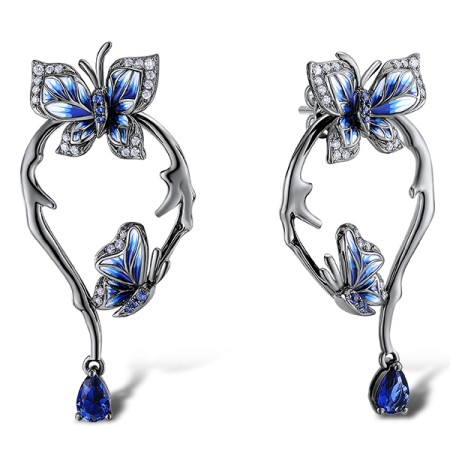 Sterling Silver w/ Black White Plating Earrings Blue Nano Cubic Zirconia,Enamel,White Cubic Zirconia,Blue Glass (E312023ENASK925)