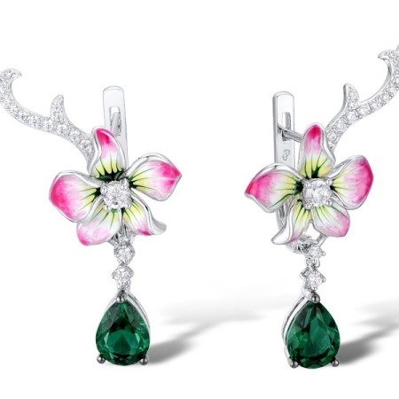 Sterling Silver w/ Black White Plating Earrings Enamel,Green Glass,White Cubic Zirconia (E312061ENA1SK925)