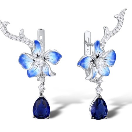 Sterling Silver w/ Black White Plating Earrings Blue Glass,Enamel,White Cubic Zirconia (E312061ENASK925)