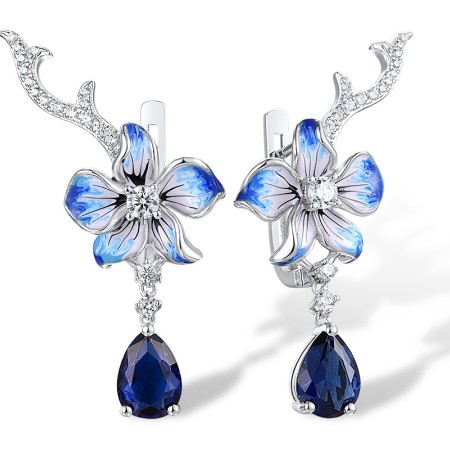 Sterling Silver Earrings Blue Glass,Enamel,White Cubic Zirconia (E312061ENASL925)