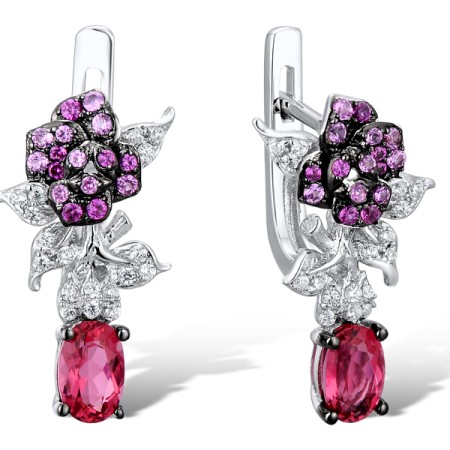 Sterling Silver w/ Black White Plating Earrings Pink Glass,White Cubic Zirconia,Created Pink Sapphire,Created Ruby (E312097MULSK925)