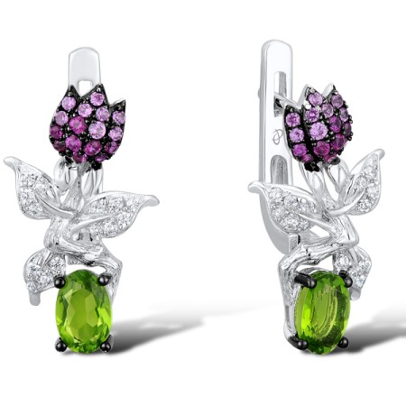 Sterling Silver w/ Black White Plating Earrings Green Glass,White Cubic Zirconia,Created Pink Sapphire,Created Ruby (E312099MULSK925)