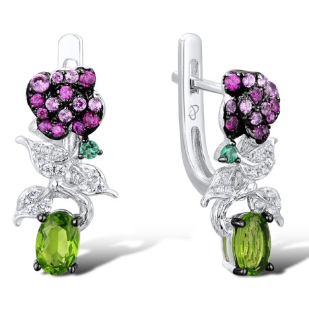 Sterling Silver w/ Black White Plating Earrings White Cubic Zirconia,Created Ruby,Green Glass,Green Spinel,Created Pink Sapphire (E312101MULSK925)