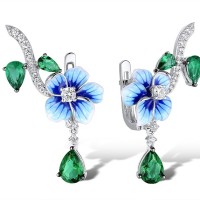 Sterling Silver w/ Black White Plating Earrings Enamel,Green Glass,White Cubic Zirconia (E312135ENASK925)