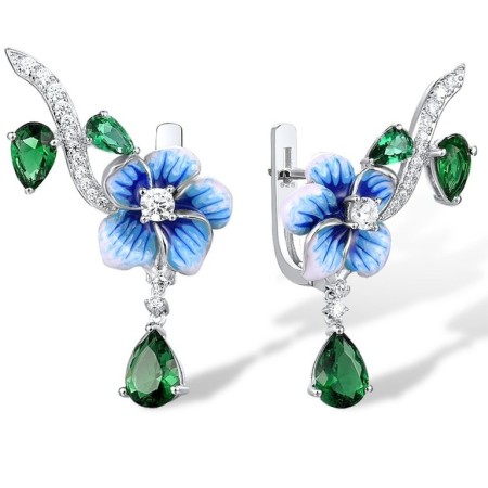 Sterling Silver Earrings Enamel,Green Glass,White Cubic Zirconia (E312135ENASL925)