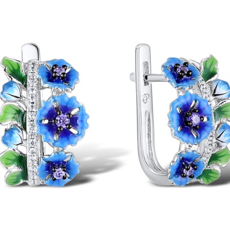 Sterling Silver w/ Black White Plating Earrings Enamel,White Cubic Zirconia,Dark Purple CZ (E312236ENASK925)