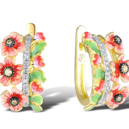 Sterling Silver w/ Yellow Black White Plating Earrings Enamel,White Cubic Zirconia,Yellow Cubic Zirconia (E312237ENASZ925)