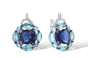 Sterling Silver w/ Black White Plating Earrings Blue Glass,Created Sapphire,White Cubic Zirconia (E312455CSBZSK925)