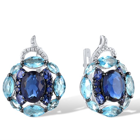 Sterling Silver w/ Black White Plating Earrings Blue Glass,Created Sapphire,White Cubic Zirconia (E312455CSBZSK925)