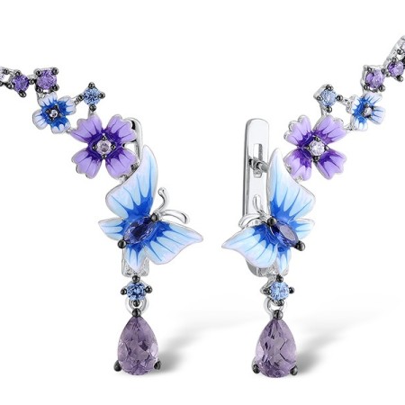 Sterling Silver w/ Black White Plating Earrings Amethyst Cubic Zirconia,Blue Nano Cubic Zirconia,Blue Spinel,Dark Purple CZ,Enamel,Light Blue Cubiz Zirconia,Purple Glass,White Cubic Zirconia (E312522ENASK925)