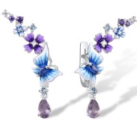 Sterling Silver Earrings Amethyst Cubic Zirconia,Blue Nano Cubic Zirconia,Blue Spinel,Dark Purple CZ,Enamel,Light Purple Cubiz Zirconia,Purple Glass,White Cubic Zirconia (E312522ENASL925)