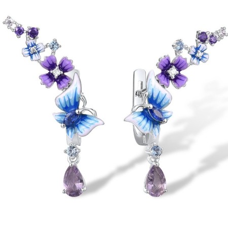 Sterling Silver Earrings Amethyst Cubic Zirconia,Blue Nano Cubic Zirconia,Blue Spinel,Dark Purple CZ,Enamel,Light Purple Cubiz Zirconia,Purple Glass,White Cubic Zirconia (E312522ENASL925)