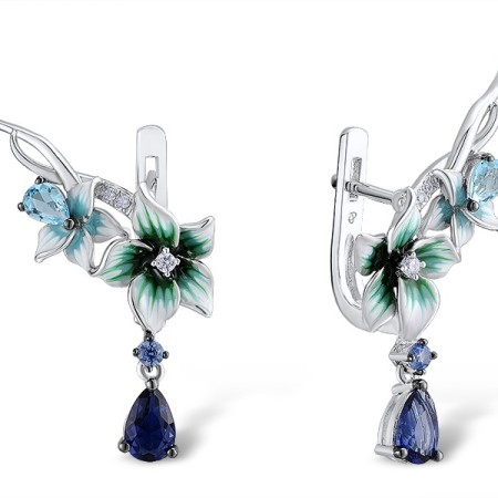 Sterling Silver w/ Black White Plating Earrings Blue Glass,Blue Spinel,Enamel,White Cubic Zirconia (E312523ENASK925)