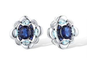 Sterling Silver w/ Black White Plating Earrings Created Sapphire,Blue Glass (E312635CSBSK925)