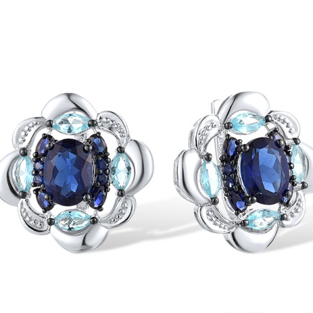 Sterling Silver w/ Black White Plating Earrings Created Sapphire,Blue Glass (E312635CSBSK925)
