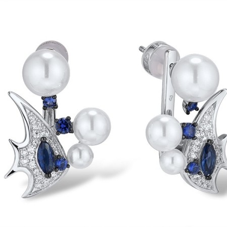 Sterling Silver w/ Black White Plating Earrings Blue Glass,Blue Nano Cubic Zirconia,White Cubic Zirconia,White Shell Beads (E312828MULSK925)