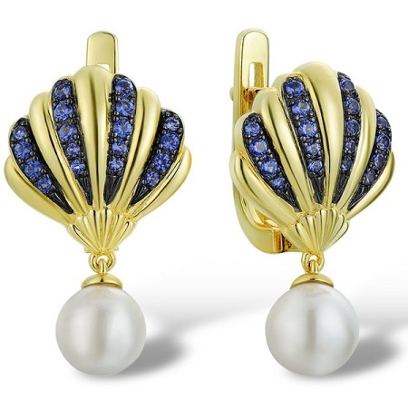 Sterling Silver w/ Yellow Black Plating Earrings Blue Nano Cubic Zirconia,White Shell Beads (E312847BZWSC925)