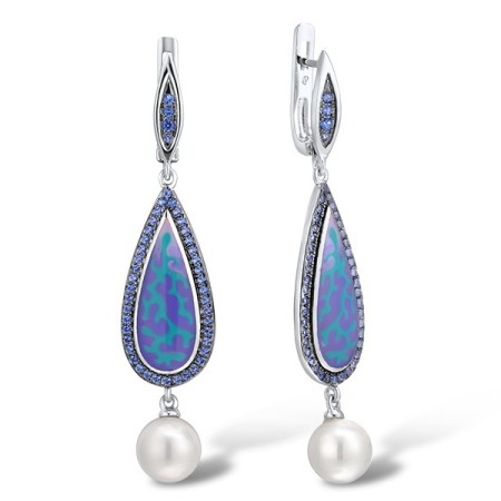 Sterling Silver w/ Black White Plating Earrings Blue Nano Cubic Zirconia,Enamel,White Shell Beads (E312848ENASK925)