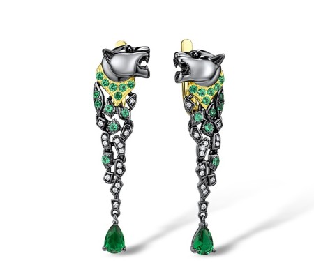 Sterling Silver w/ Yellow Black Plating Earrings Green Glass,Green Spinel,White Cubic Zirconia (E312946SGGNZSC925)