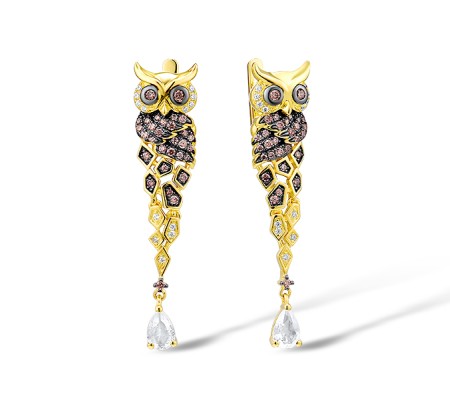 Sterling Silver w/ Yellow Black Plating Earrings Chocolate CZ,White Cubic Zirconia,White Glass (E312947SCWZGSC925)