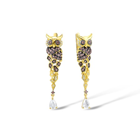 Sterling Silver w/ Yellow Black Plating Earrings Chocolate CZ,White Cubic Zirconia,White Glass (E312947SCWZGSC925)