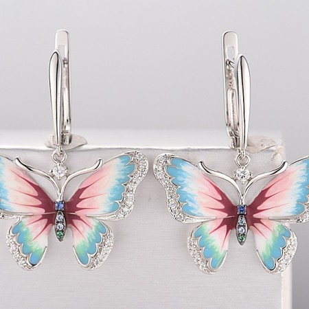 Sterling Silver w/ Black White Plating Earrings Blue Nano Cubic Zirconia,Blue Spinel,Enamel,Green Spinel,White Cubic Zirconia (E313202ENA1SK925)