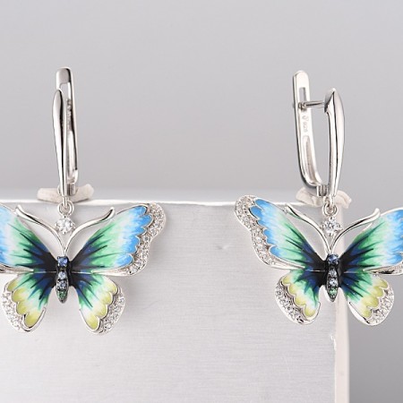 Sterling Silver w/ Black White Plating Earrings Blue Nano Cubic Zirconia,Blue Spinel,Enamel,Green Spinel,White Cubic Zirconia (E313202ENASK925)