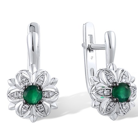 Sterling Silver w/ Black White Plating Earrings Dyed Green Agate,White Cubic Zirconia (E313313GEZSK925)