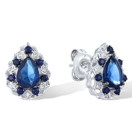 Sterling Silver w/ Black White Plating Earrings Blue Glass,Created Sapphire,White Cubic Zirconia (E313331CSBZSK925)