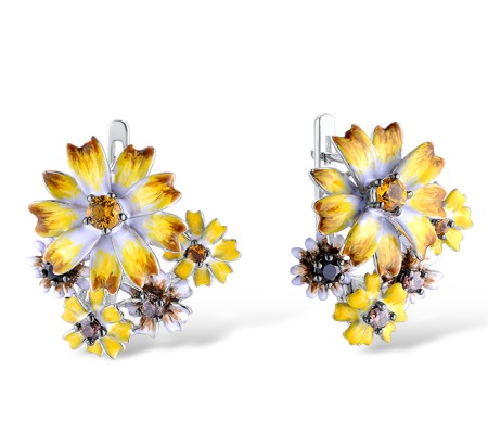 Sterling Silver w/ Black White Plating Earrings Enamel,Yellow Nano Cubic Zirconia (Ci,Black spinel,Chocolate CZ (E313416ENASK925)