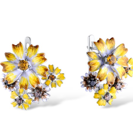 Sterling Silver w/ Black White Plating Earrings Enamel,Yellow Nano Cubic Zirconia (Ci,Black spinel,Chocolate CZ (E313416ENASK925)